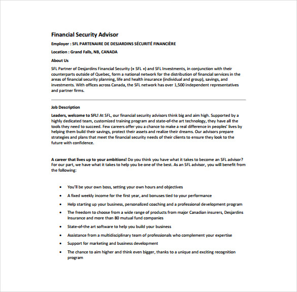 Td Financial Advisor Job Description : 7 Financial Advisor Job Description Templates Free Sample Example Format Download Free Premium Templates / Job descriptions october 26, 2013.