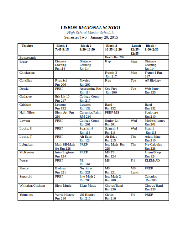 high school master schedule template