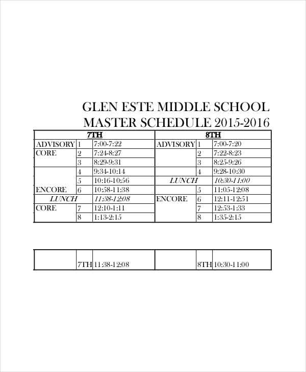 middle school master schedule template