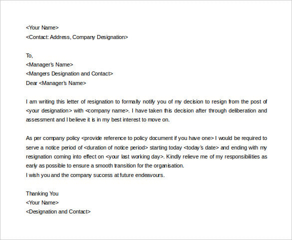 simple resignation notice letter template word doc download