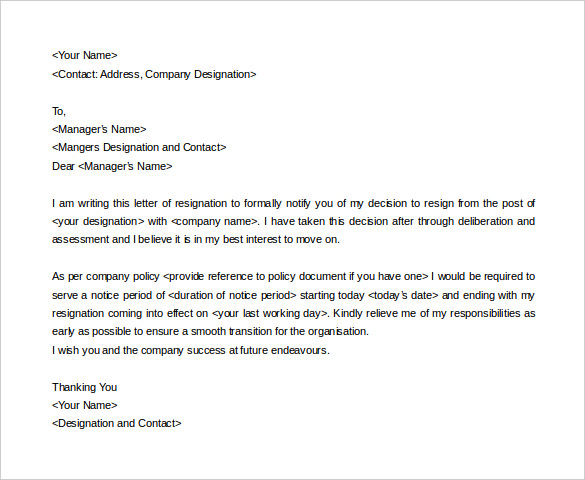 simple resignation notice letter template word doc download