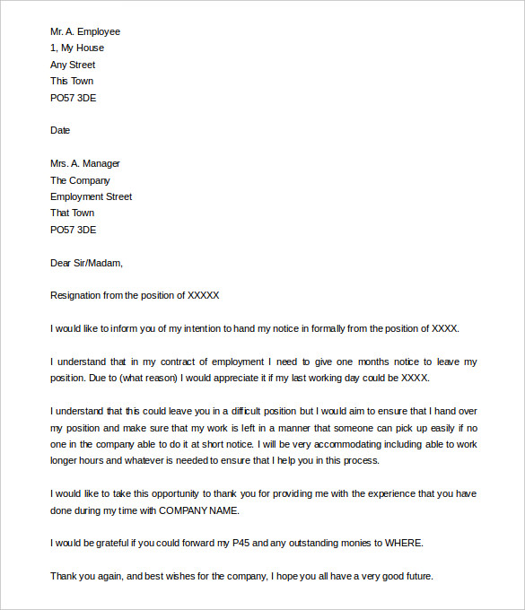 free notice period resignation letter example download