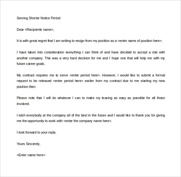 serving shorter notice period letter template free printable