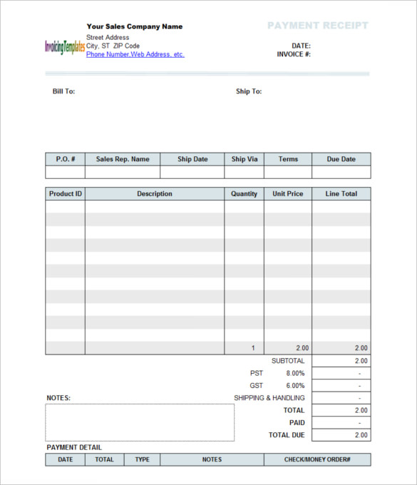 company sales payment receipt template