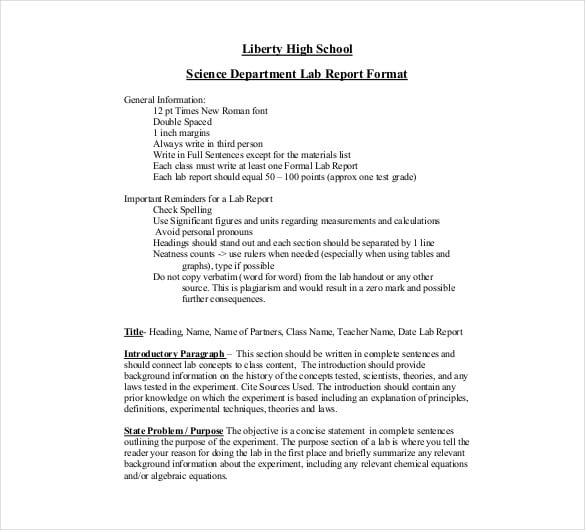 science department lab report format