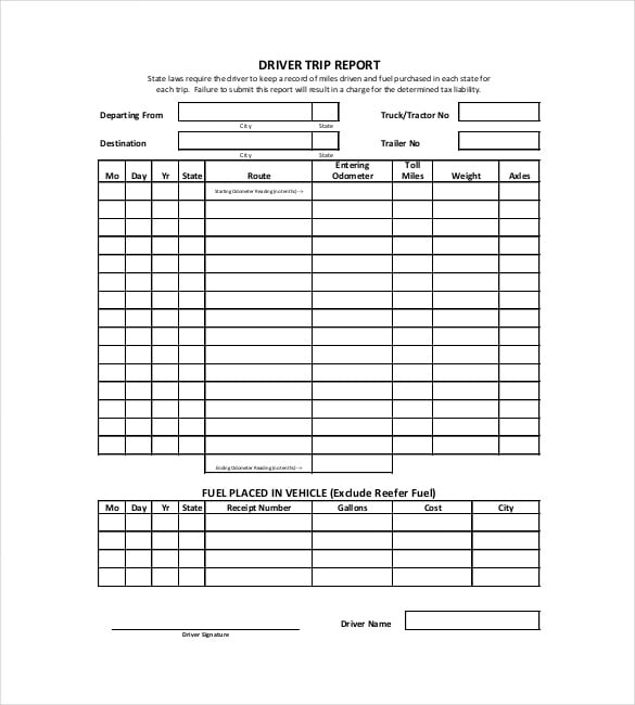 trip report template for truck drivers