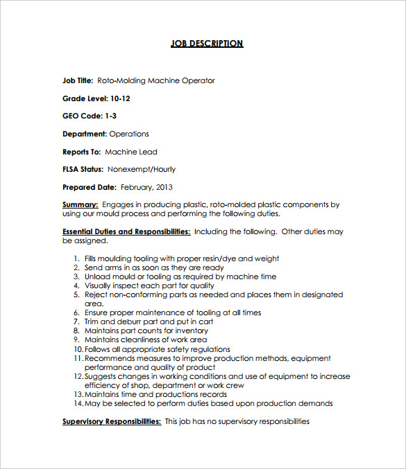 Machine Operator Job Description Templates 11+ Free Sample, Example, Format Download!