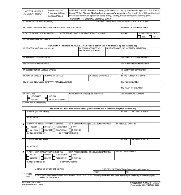 Vehicle Accident Report Form Template