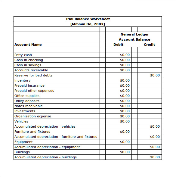 trial balance worksheet excel template free download