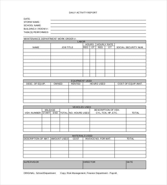 daily activity report template sample