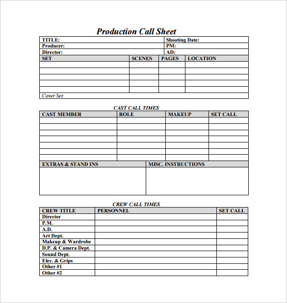 production call sheet free pdf template download