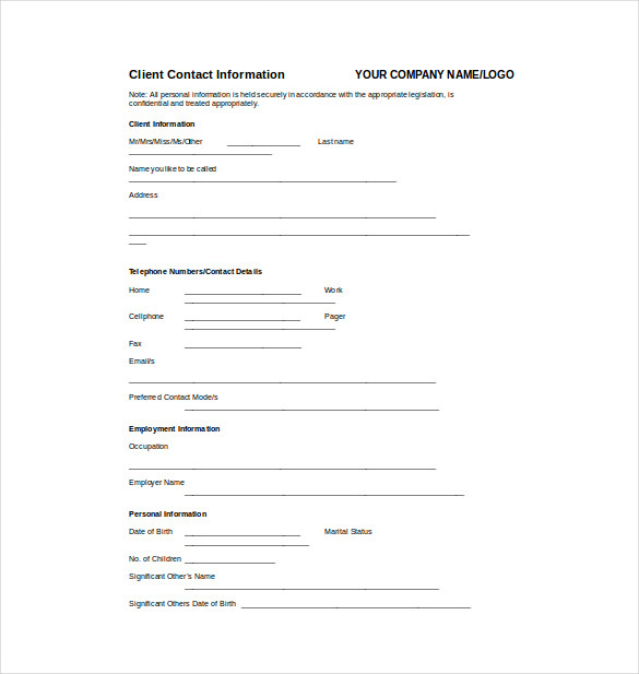 client information fact sheet word template free download