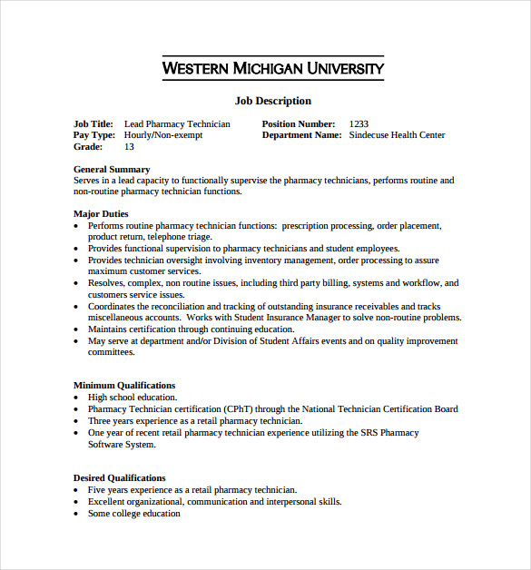 retail pharmacy technician job description sample template free download