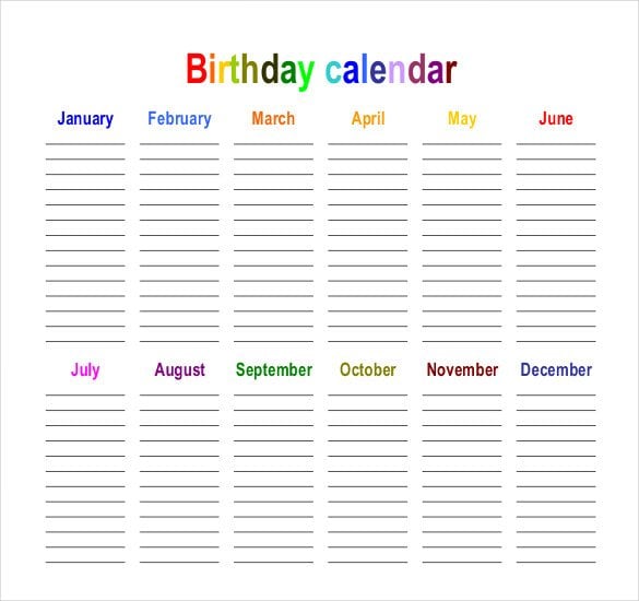 birthday calendars in landscape orientation