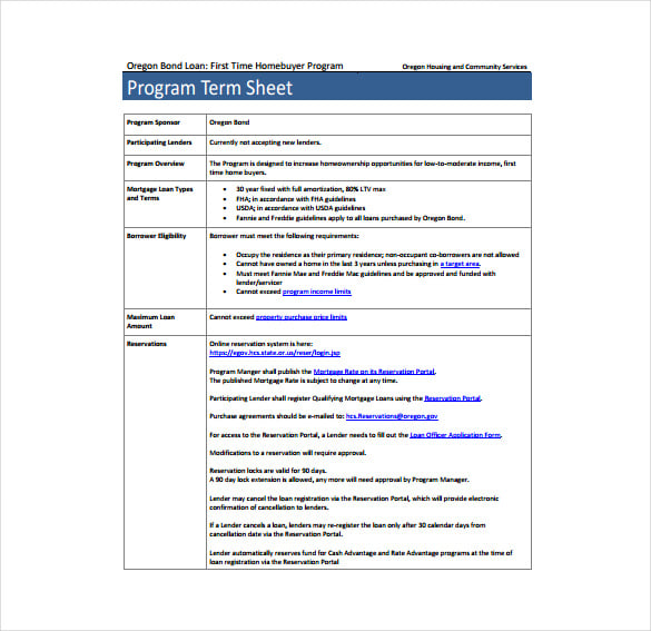program term sheet free pdf template download