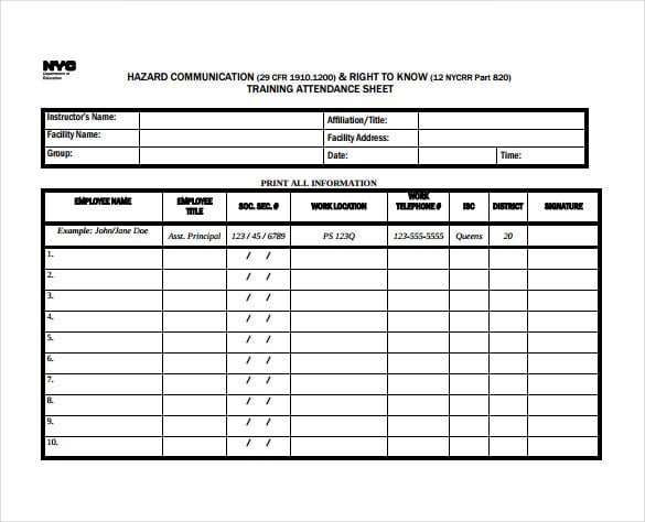 training attendence sheet pdf template free download