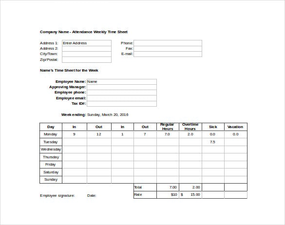 weekly attendance time sheet excel template free download