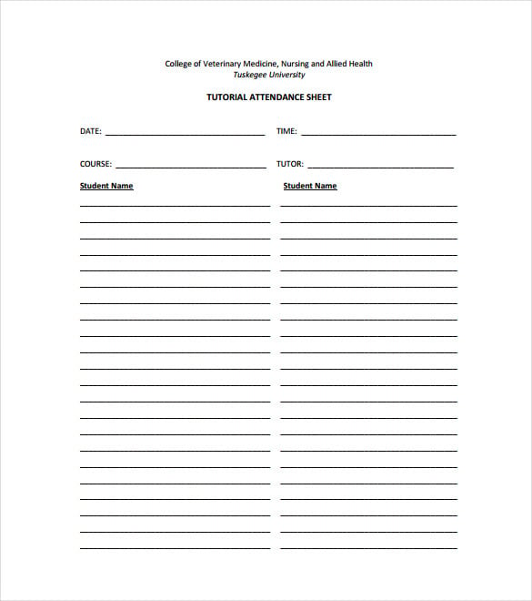 tutorial attendance sheet pdf template free download