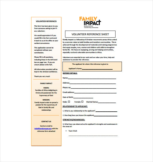 volunteer reference sheet pdf free download