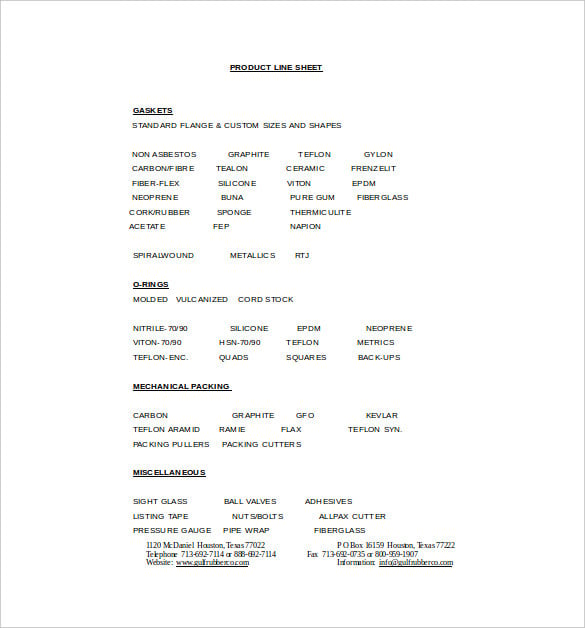 product line sheet word template free download