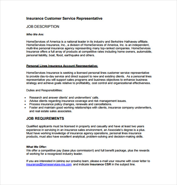 fprmat of insurance customer service representative job description