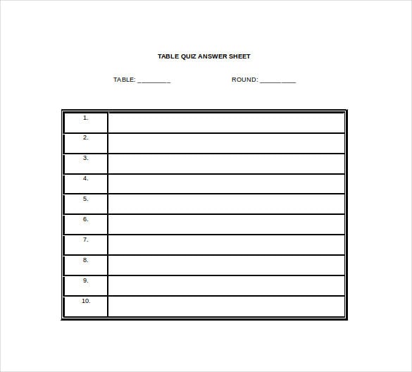 table quiz answer sheet word template free download