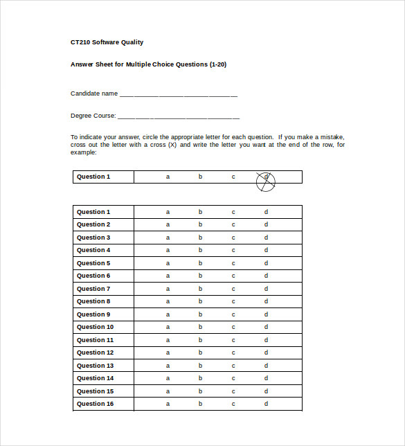 multiple choice answer sheet 1 20