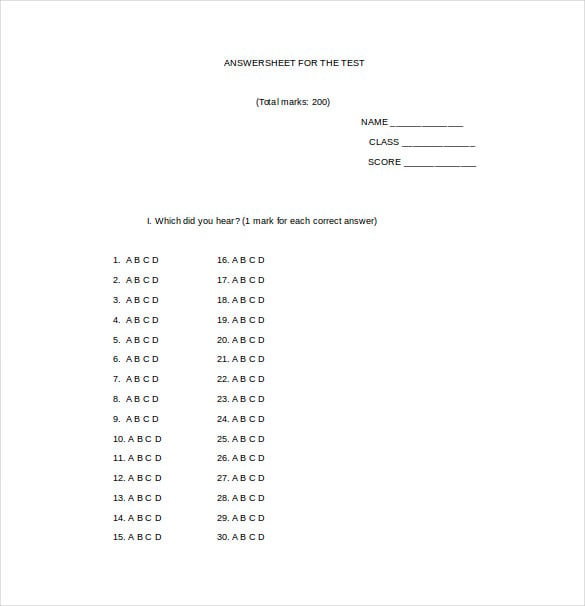 answer sheet for the test word template free download