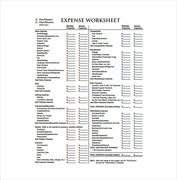 post divorce expense worksheet free pdf template download