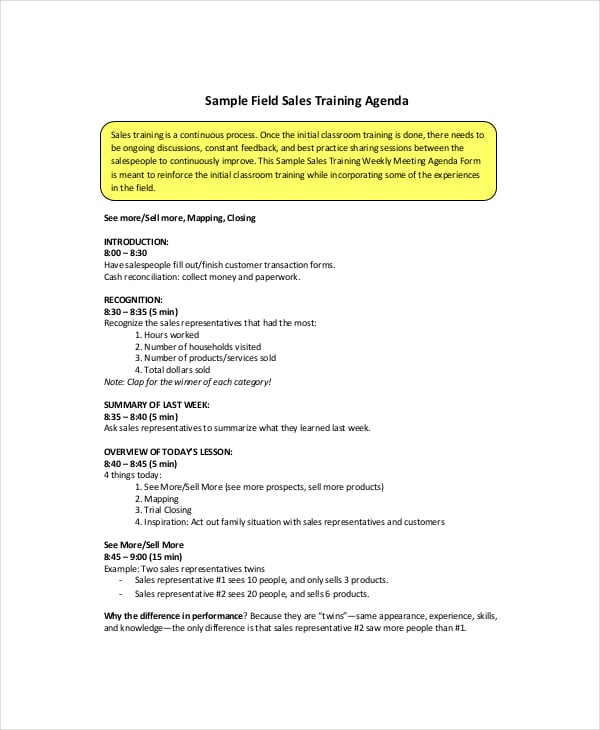 sales training agenda template
