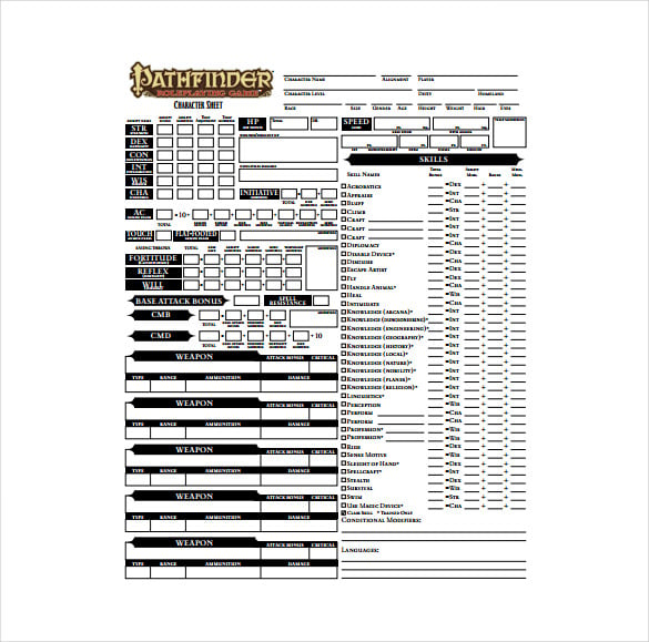 pathfinder character sheet pdf template free download