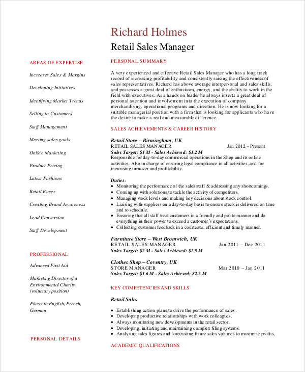 retail sales manager resume