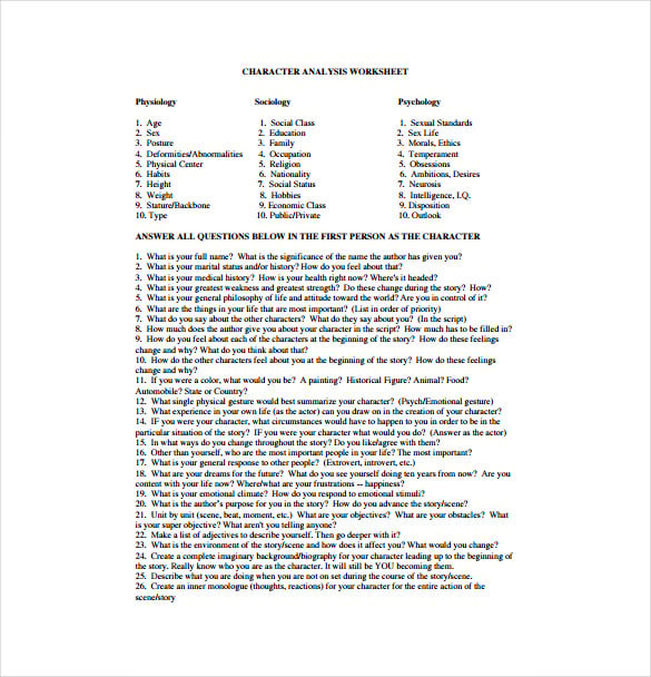 character analysis sheet pdf template free download