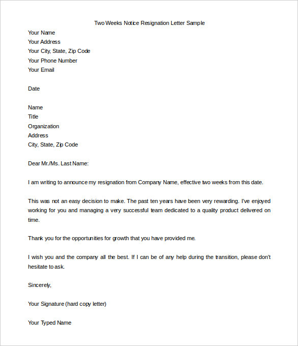 36+ Two Weeks Notice Letter Templates - PDF, Google Docs, MS Word ...