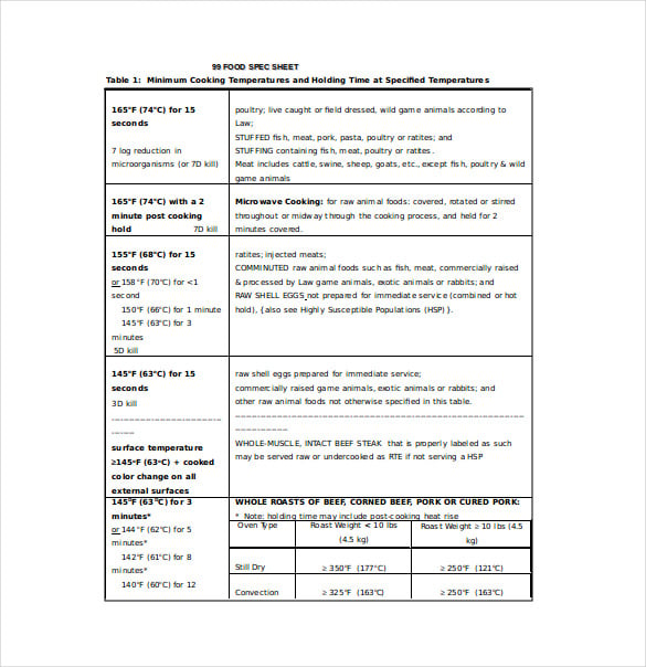 food spec sheet word template free download