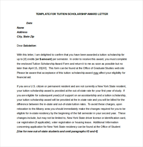 tuition scholarship award letter