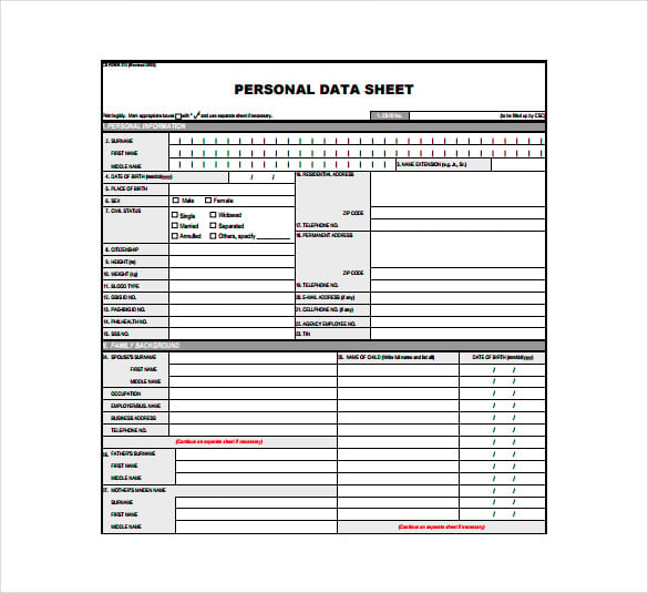 personal data sheet pdf template free download