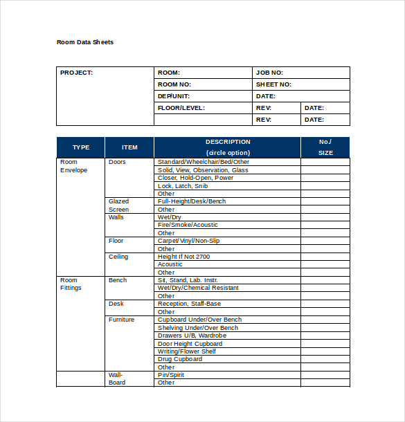 Room Data Sheet Template Word