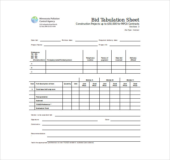 Sample Construction Bid Sheet Template