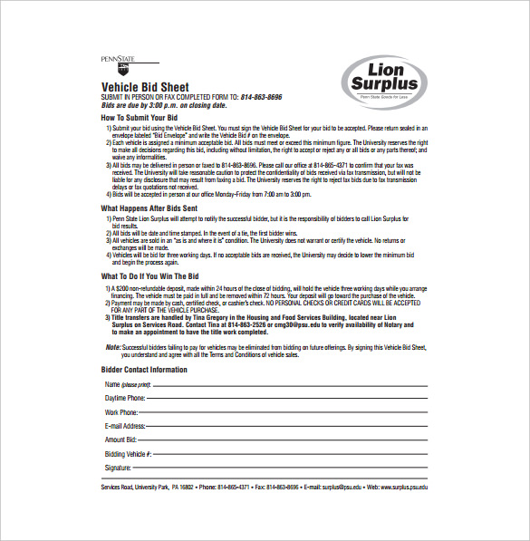 vehicle bid sheet pdf template free download