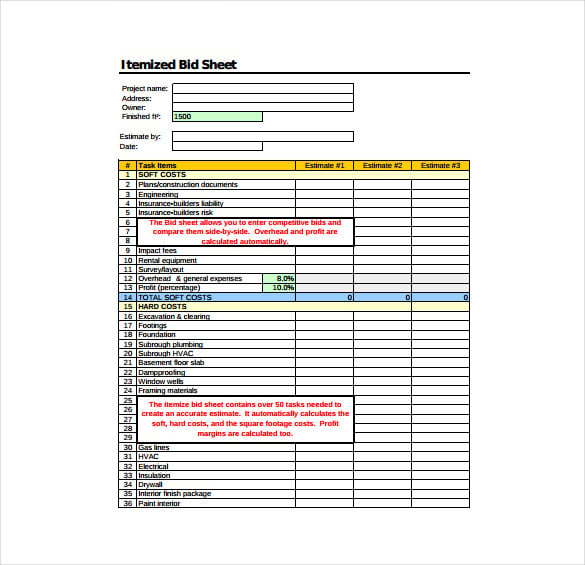 itemized bid sheet free pdf template download