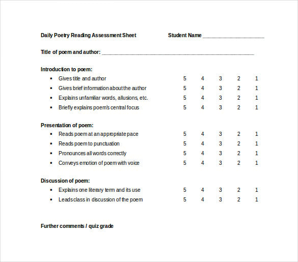 daily poetry reading grading sheet word free download