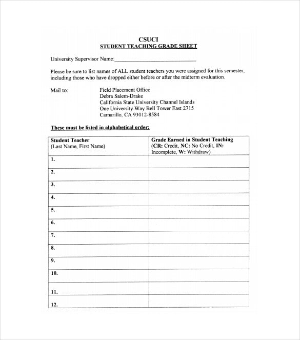student teaching grade sheet free pdf template