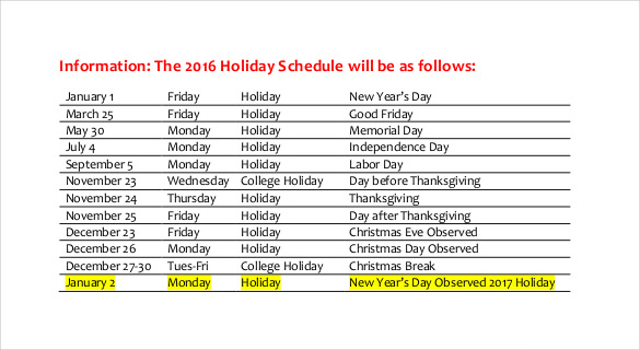 Holiday Schedule Template 16 Free PDF Word Documents Download