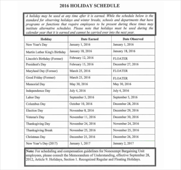 016 holiday schedule pdf template free download