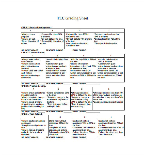 tlc grading sheet pdf free download