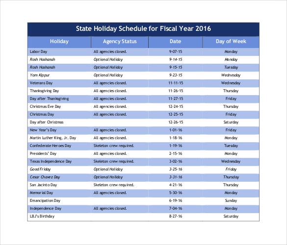 state holiday schedule 2016 pdf free template