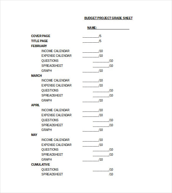 budget project grade sheet word template free download