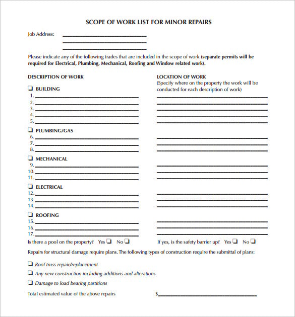 scope of work list for minor repairs pdf format