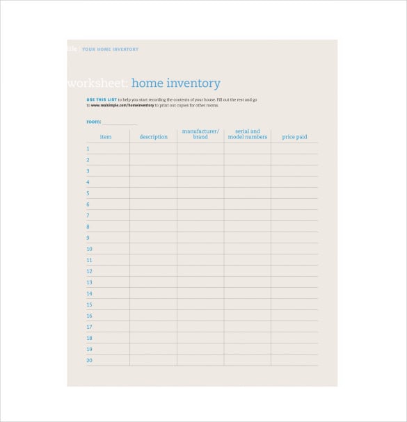 home inventory sheet pdf template free download